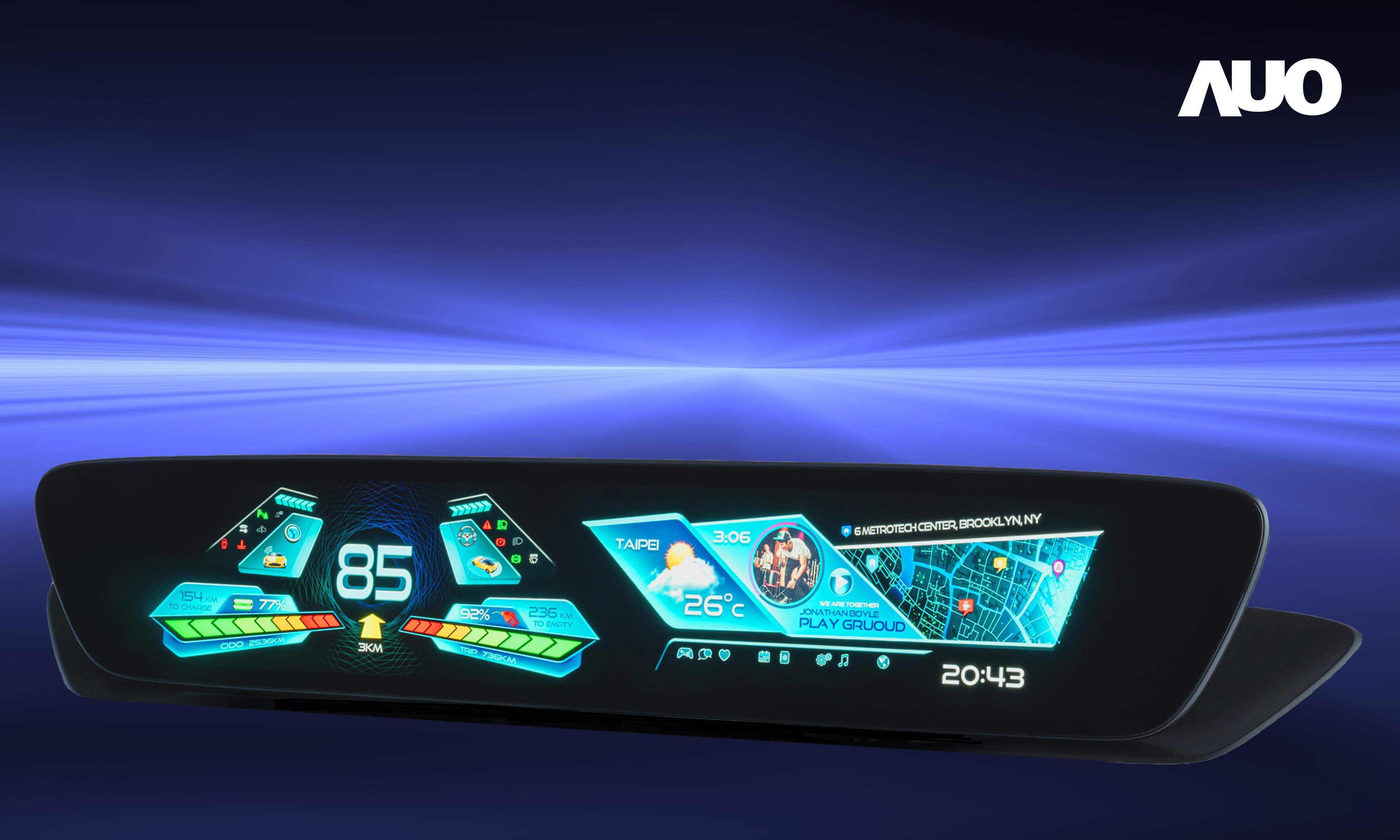 友達30.4吋異形曲面AmLED車載顯示系統，為一兼具儀表板及中控台人機介面的創新車載顯示系統，結合美學設計，提升車內科技沉浸感及使用體驗，讓車載顯示的未來應用更加多元化