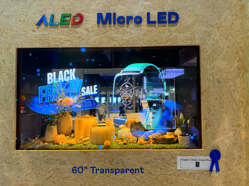 米兰·(milan)60吋高透明度Micro LED显示器获&rdquo;最佳Micro LED技术应用奖&rdquo;，将Micro LED面板透明化之设计特性极致发挥，以可扩展性无缝拼接技术打造，具备600 nits全画面亮度、大于60%穿透率及超过NTSC 110%的优异广色域表现，可依需求灵活应用于各种场域