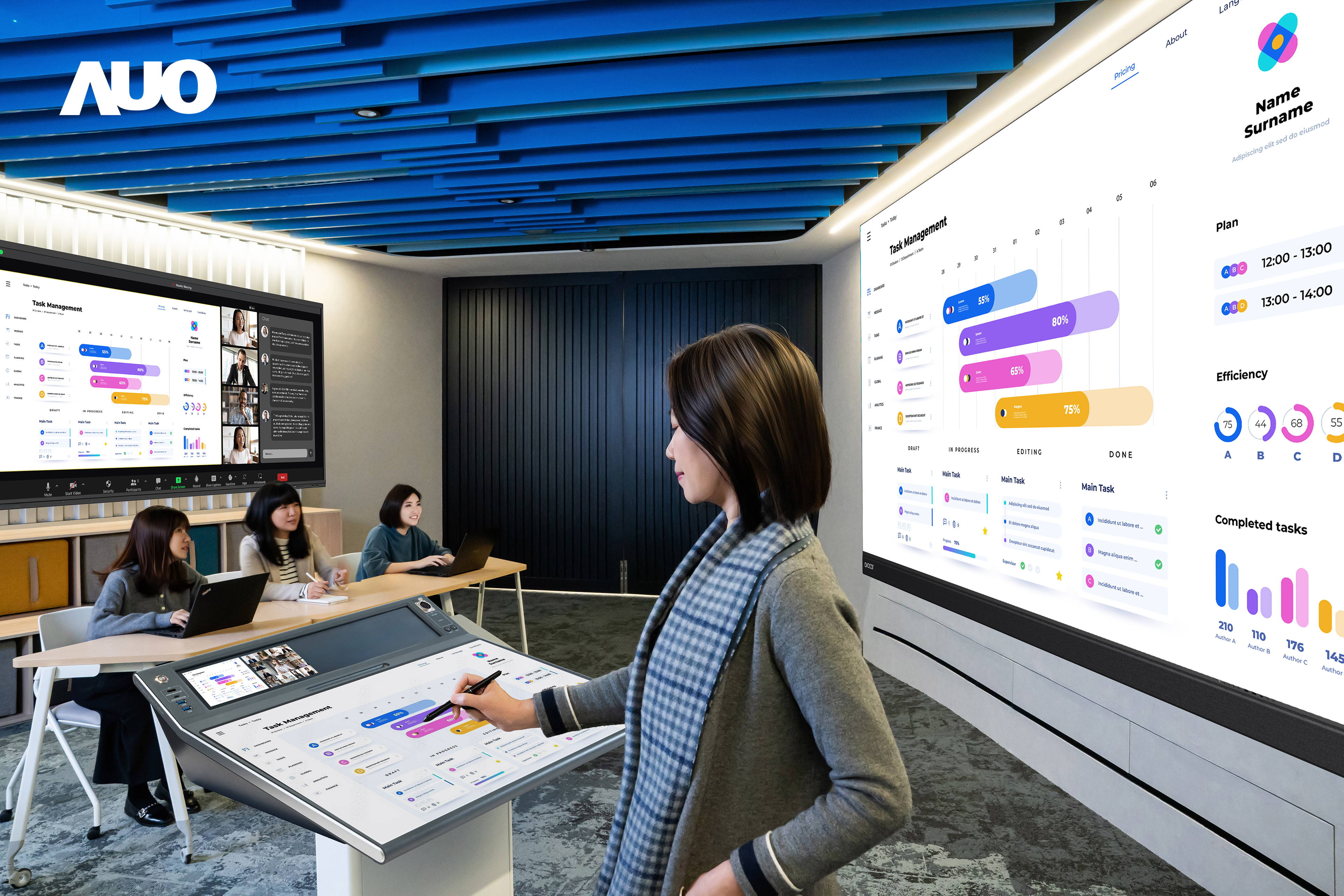 达擎携手Avocor与Rise Vision展示全方位商务领域应用，包含采用模块化设计的138吋一体式All-in-One LED显示器及具21:9超宽比例的92吋交互式电子白板（IFPD），讲者可轻松分享内容，有效提升会议协作效率。